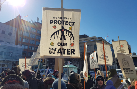 Counter-protest calls for just transition and respect for Indigenous sovereignty. Photo: Council of Canadians