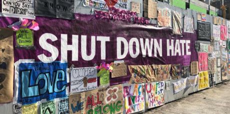Shut Down Hate banner at Michael Garron hospital