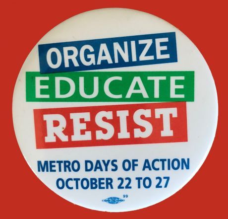 Image of the Toronto Days of Action button from October 1995