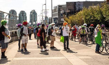 “Ride for Rights” demonstration in August 2020 highlighting the demands for justice for migrant workers, such as safe housing, open work permits, and pathways to permanent residency.